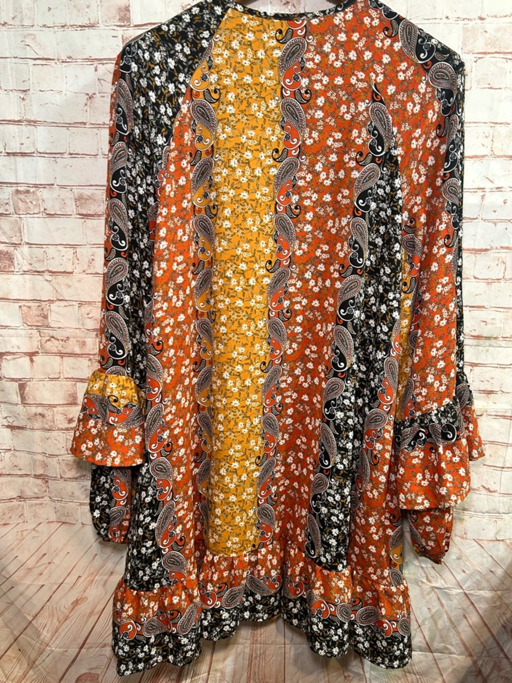 Shyanne Paisley Ruffle Patchwork Boho Mini Dress - Rust Mustard Black Size Large - Picture 5 of 5